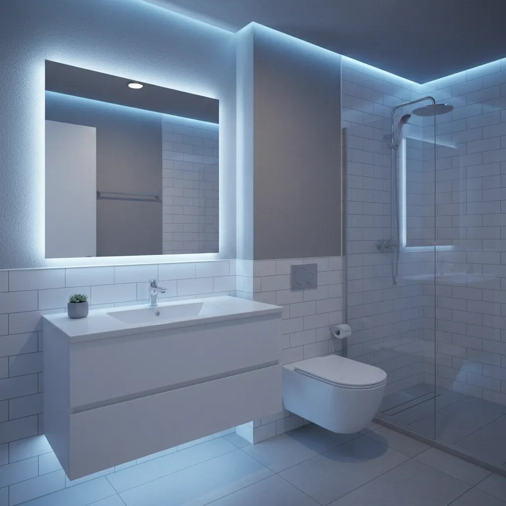 Bathroom where gray wall paint appears bluish under cool lighting