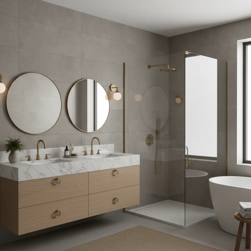 modern gray bathroom color palette with stone tile wood vanity and brass fixtures