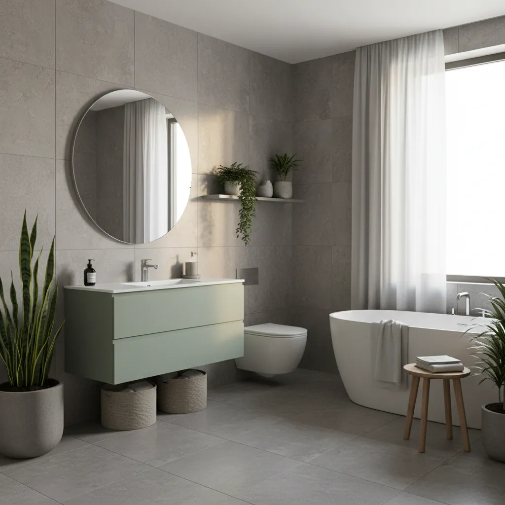 Gray bathroom with sage green vanity and plants creating spa atmosphere