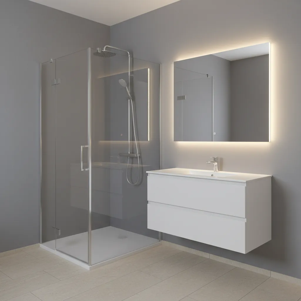 Small bathroom with gray walls and large mirror reflecting light