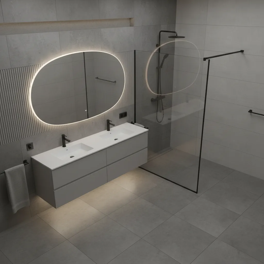 modern gray bathroom layout showing tile floor shower glass and vanity placement