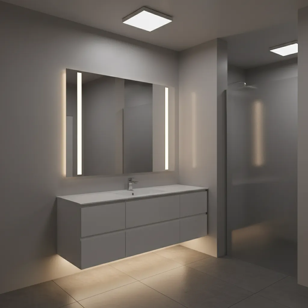 Bathroom lighting highlighting gray painted walls with mirror lights
