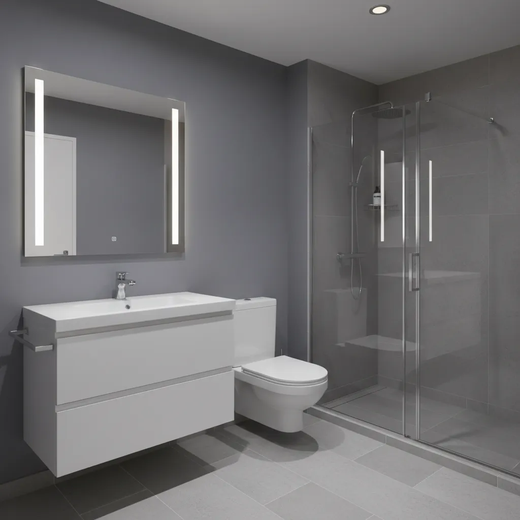 Small gray bathroom with layered lighting around mirror and ceiling