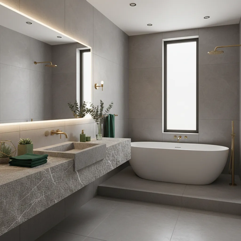 Gray bathroom with brass fixtures and green accent decor