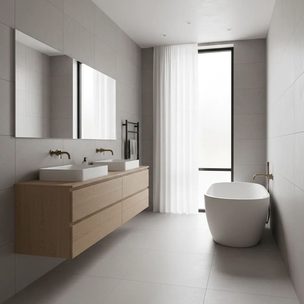 minimalist modern gray bathroom with floating vanity and large mirror