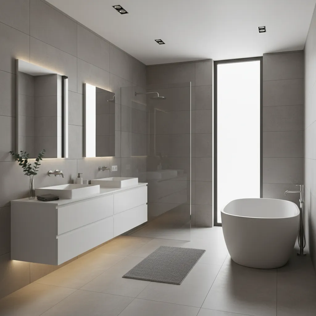 Minimal gray bathroom interior with neutral accents