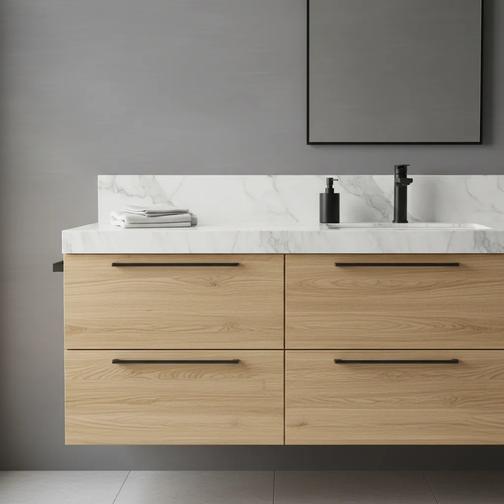 gray bathroom palette with white tile wood vanity and black fixtures