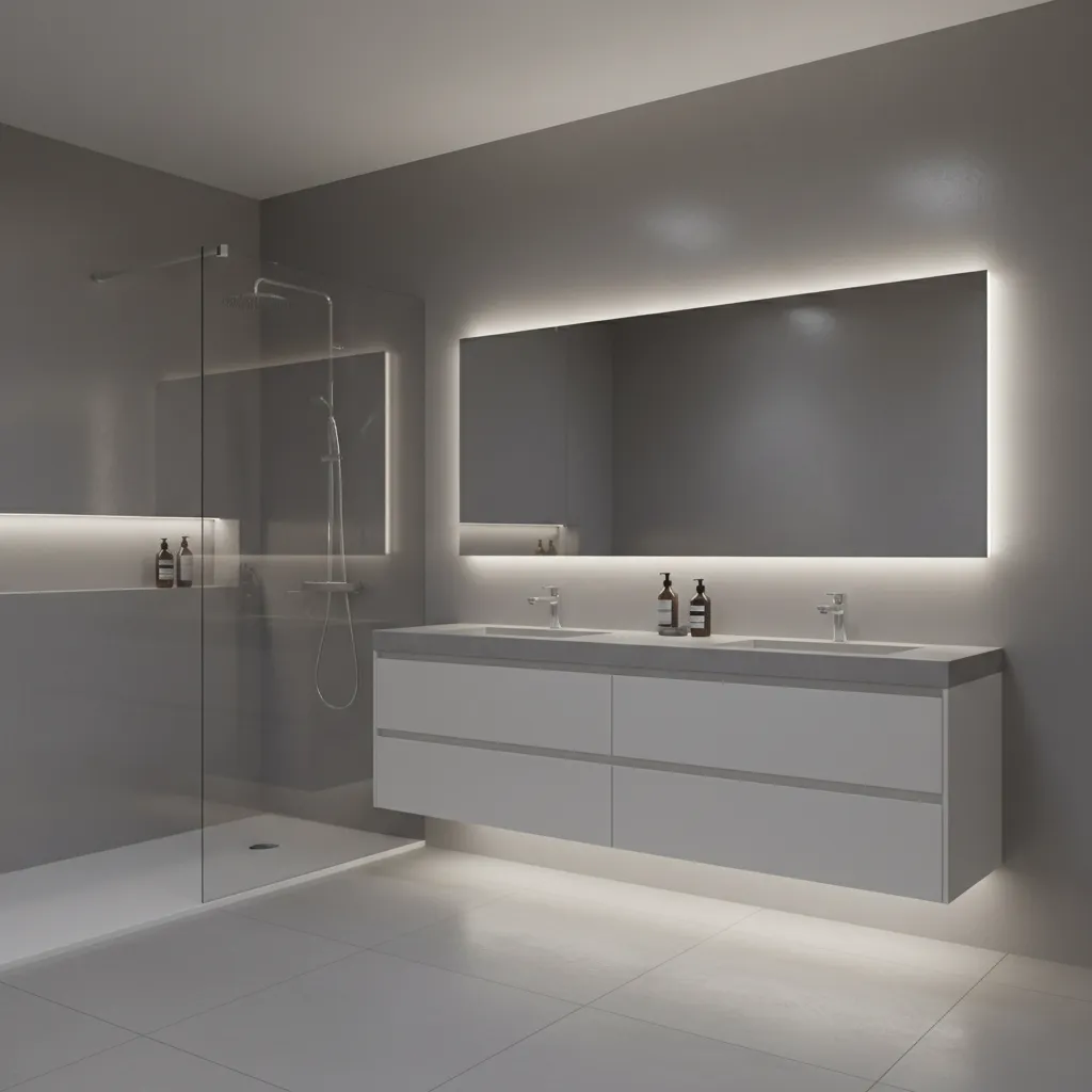 Stylish bathroom with soft gray satin paint on walls and modern vanity