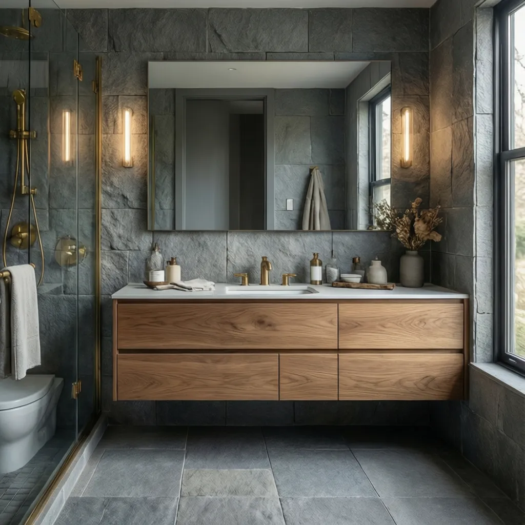 gray bathroom featuring wood vanity and textured tile contrast
