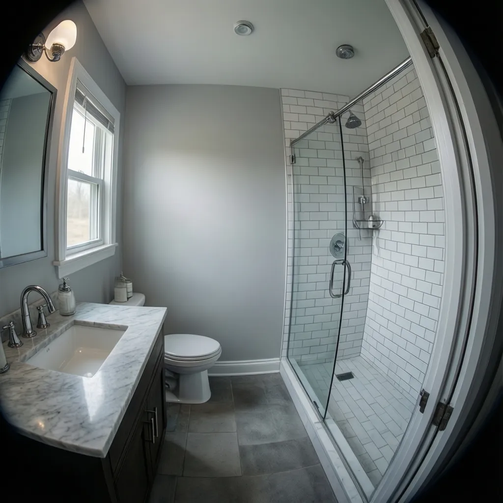 Light gray bathroom walls combined with white subway tiles and chrome fixtures