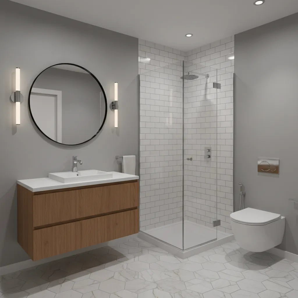 Gray bathroom walls contrasted with white tile and wood vanity