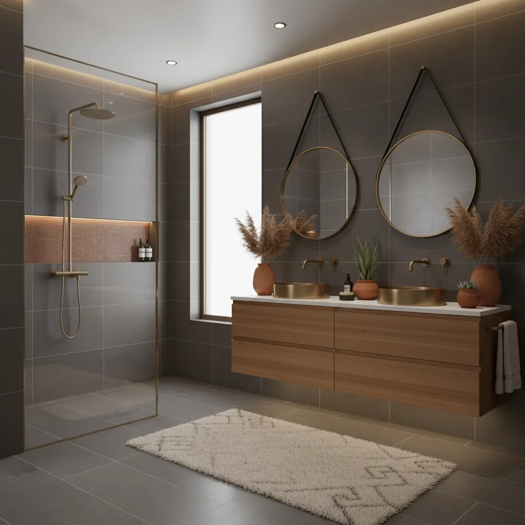 Gray bathroom with terracotta accents and brass fixtures