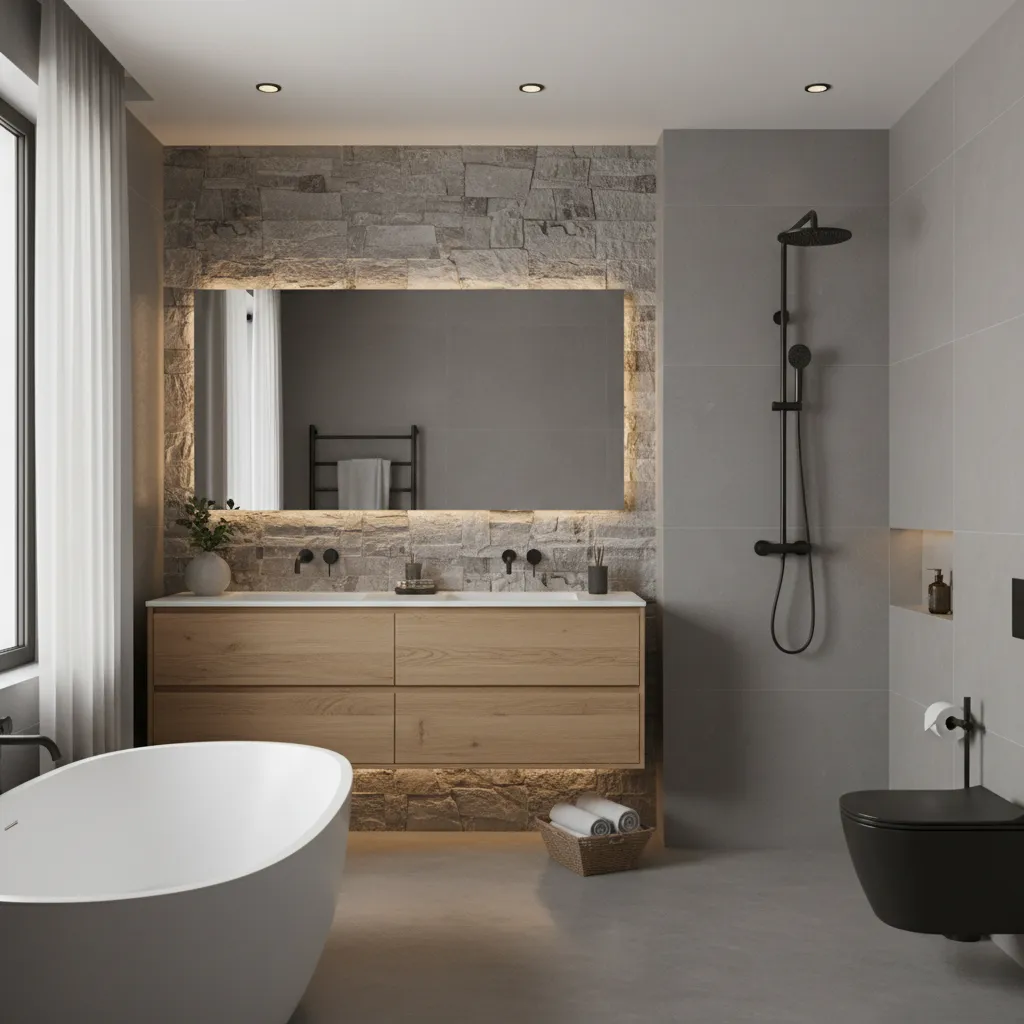 gray bathroom with wood vanity and natural materials creating warm modern look