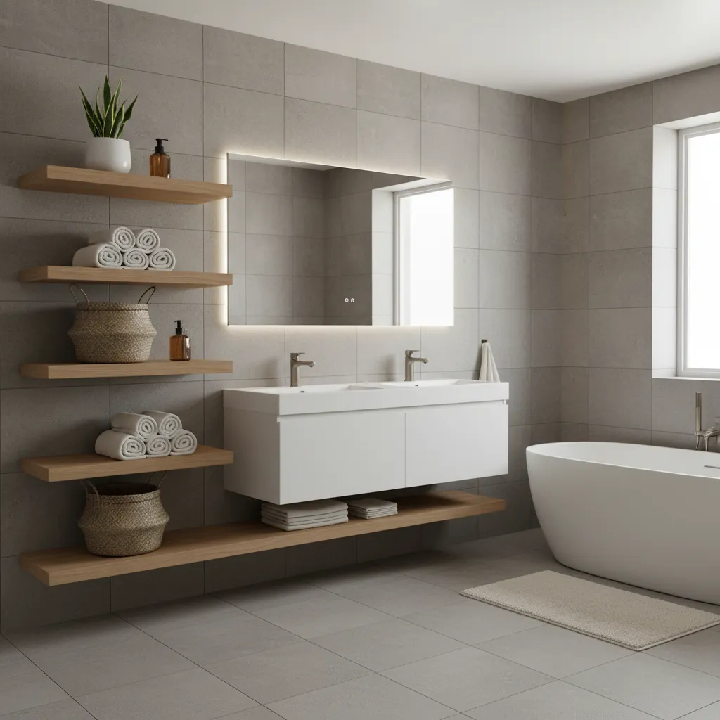 Gray bathroom with wooden shelves, woven baskets, and soft textiles