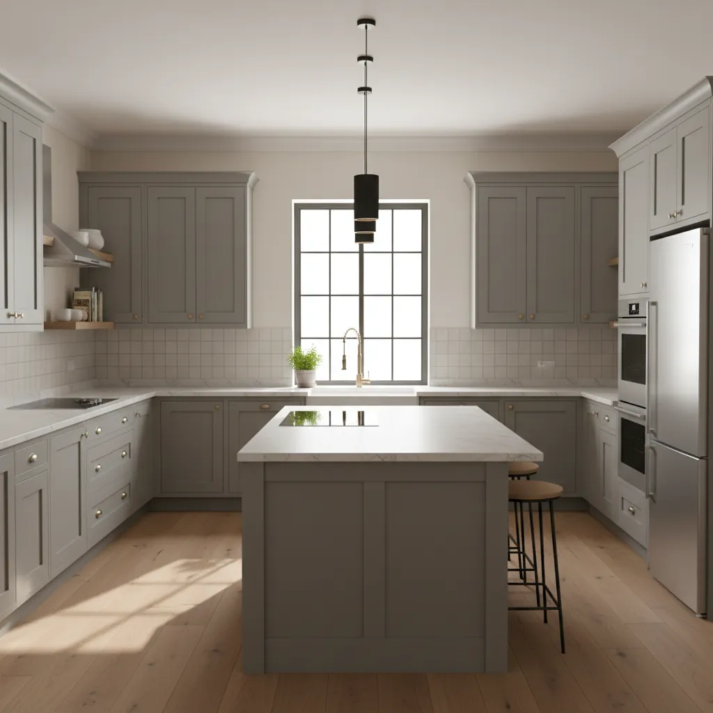 Kitchen with gray cabinets and warm white wall color