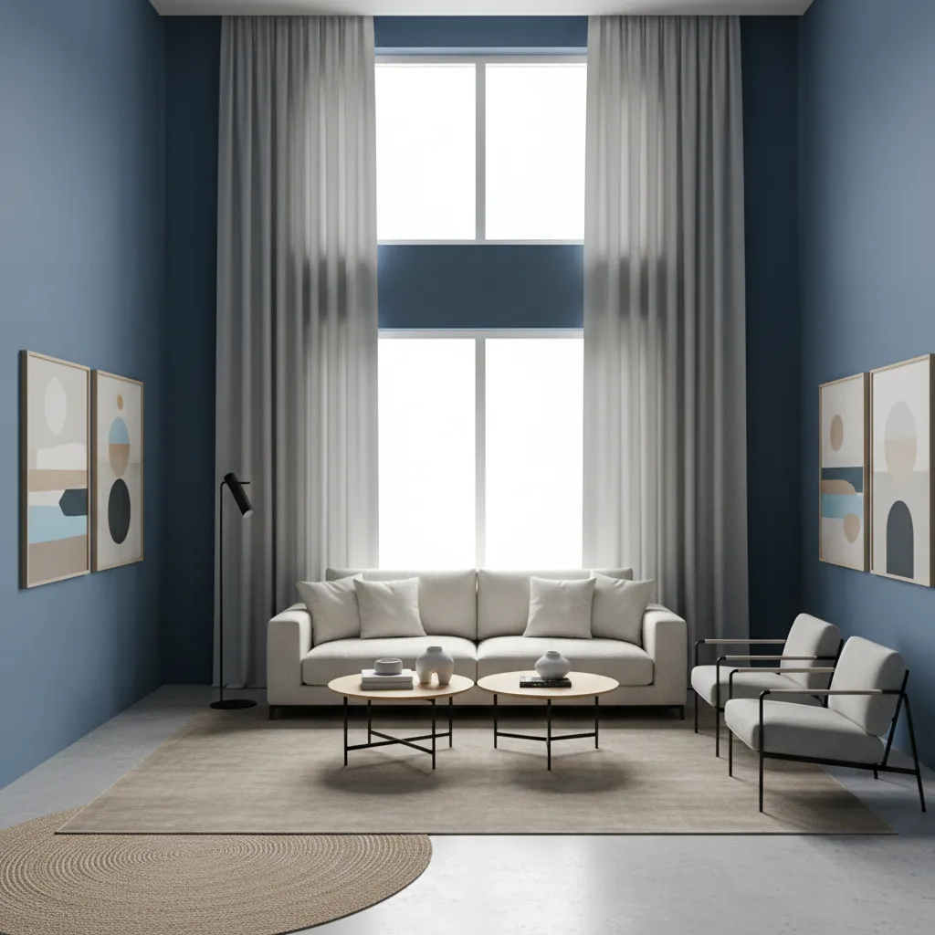 Modern living room with blue walls and gray curtains