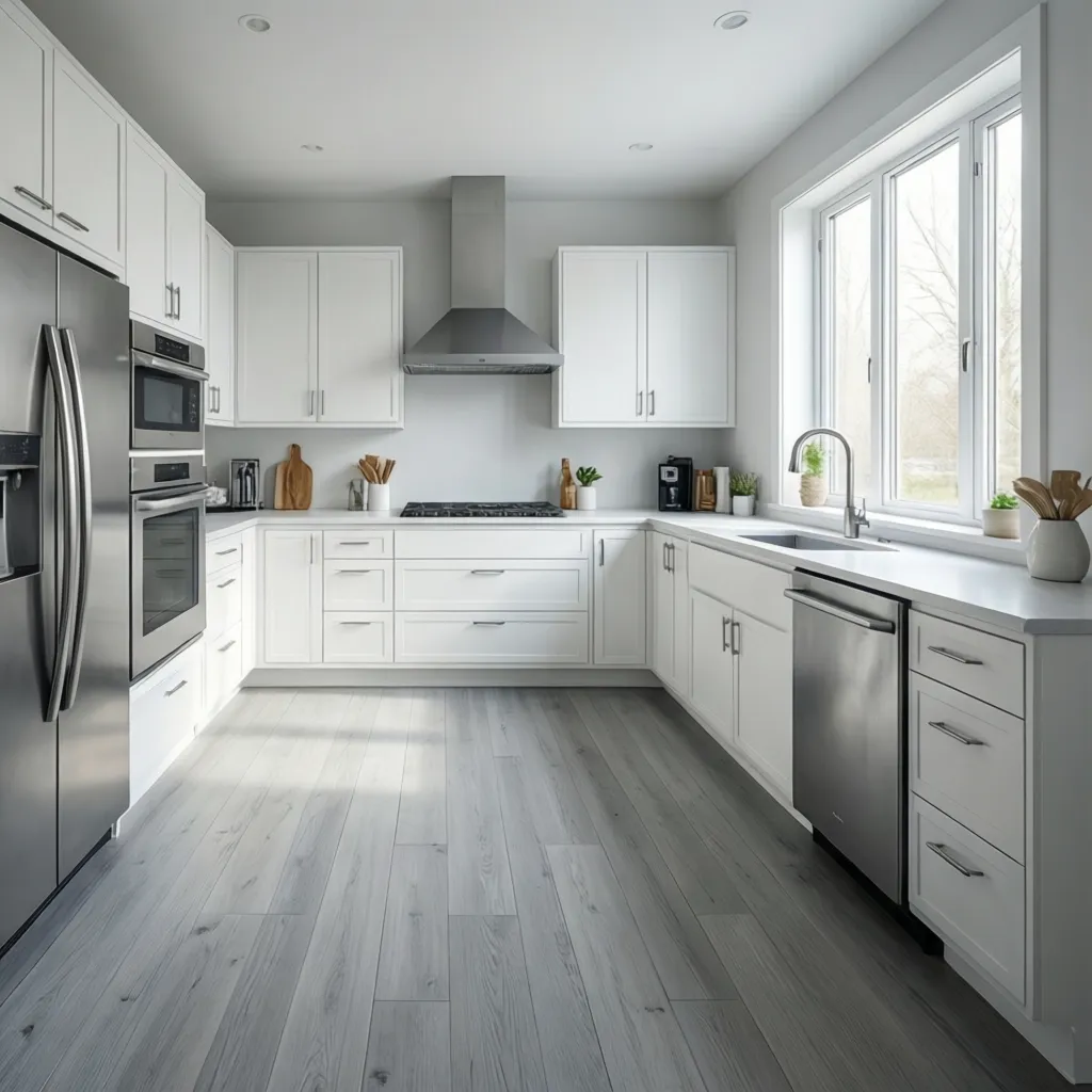 Modern white kitchen with soft gray flooring