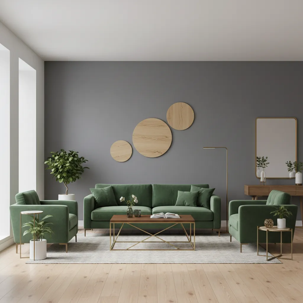 Interior layout demonstrating 60 30 10 color distribution with gray walls and green furniture