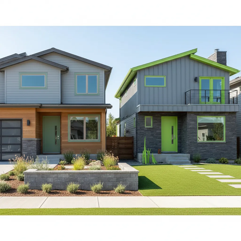 Gray and green house exterior color palette comparison showing balanced and unbalanced combinations
