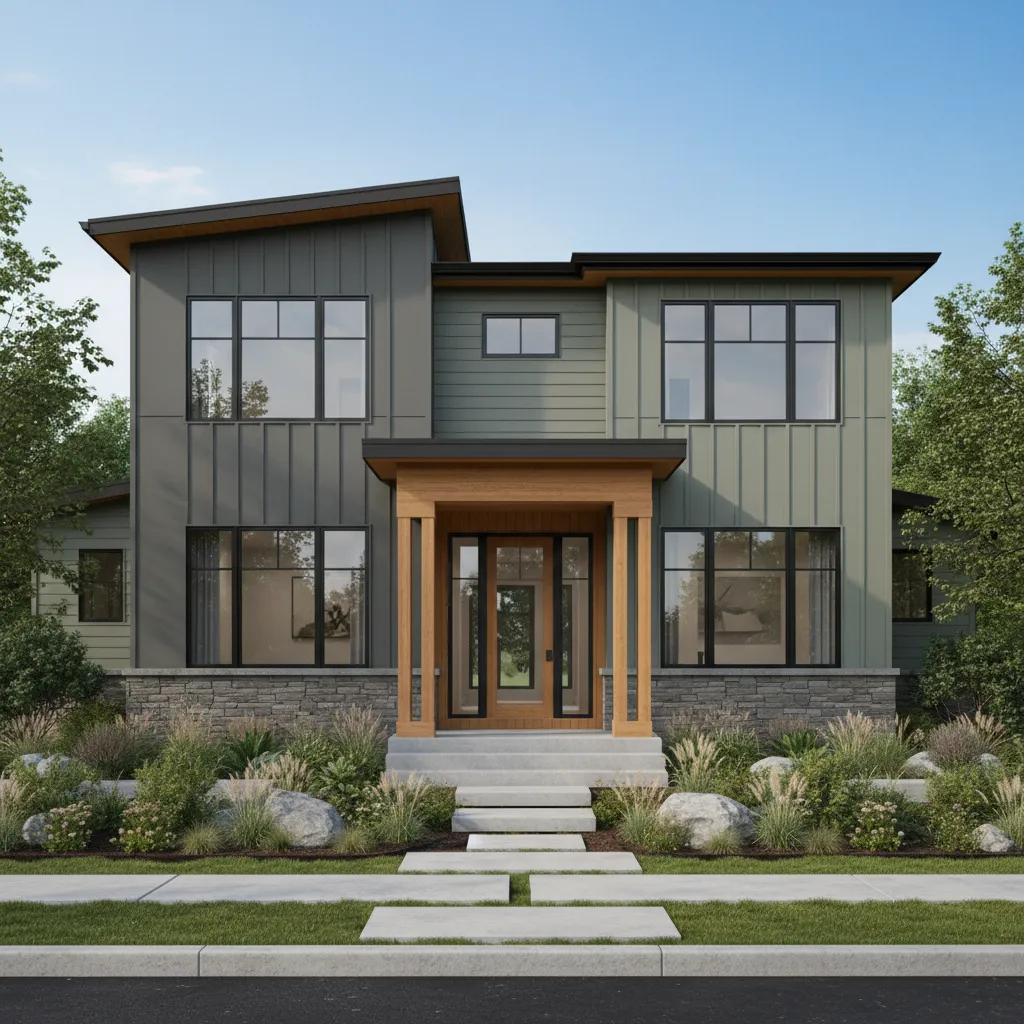 Gray and green house exterior improved with warm wood accents and balanced lighting