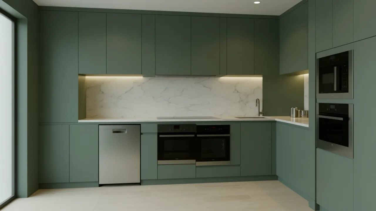 modern kitchen featuring gray green wall color with marble counters and stainless appliances