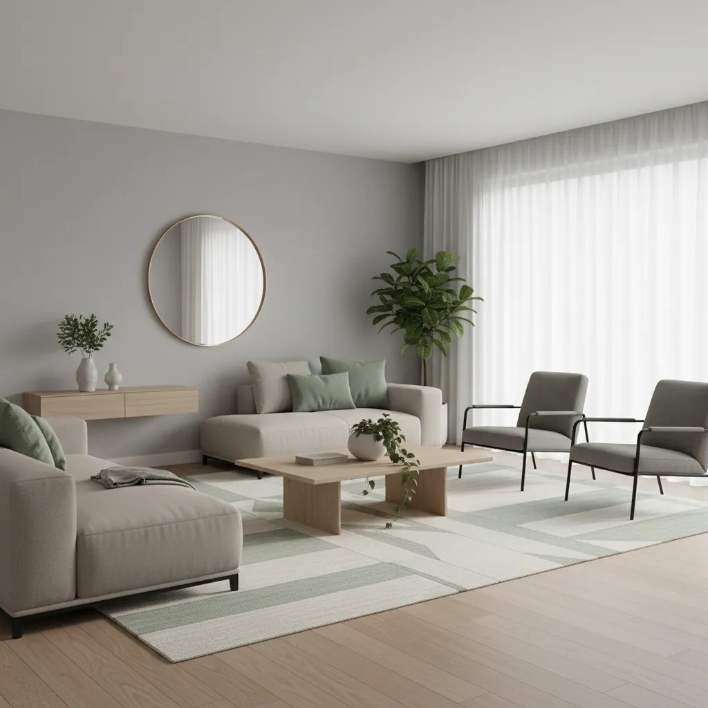 Gray and green living room with balanced furniture layout