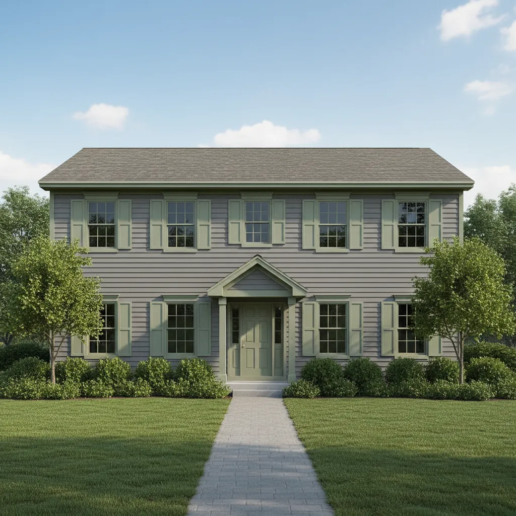 Gray house exterior with green shutters and trim in daylight