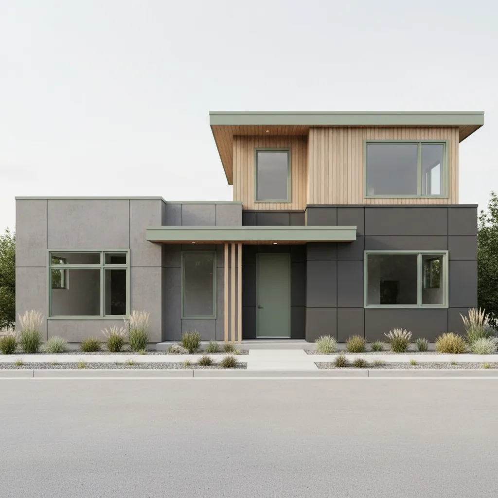 Cool gray house with muted sage green trim and natural landscaping