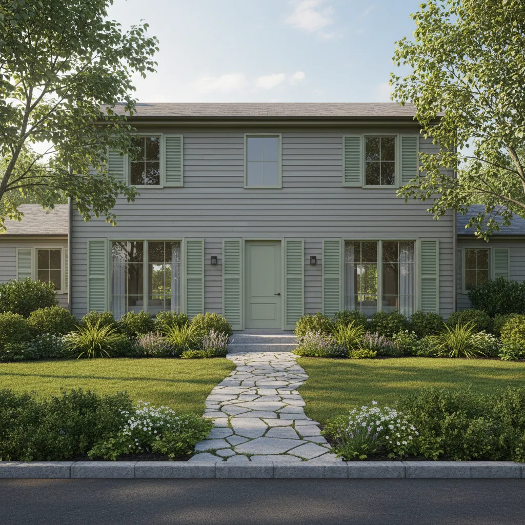 Modern gray house exterior with sage green shutters and natural landscaping