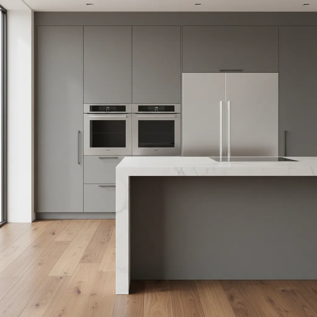 Gray kitchen cabinets combined with quartz counters and stainless appliances