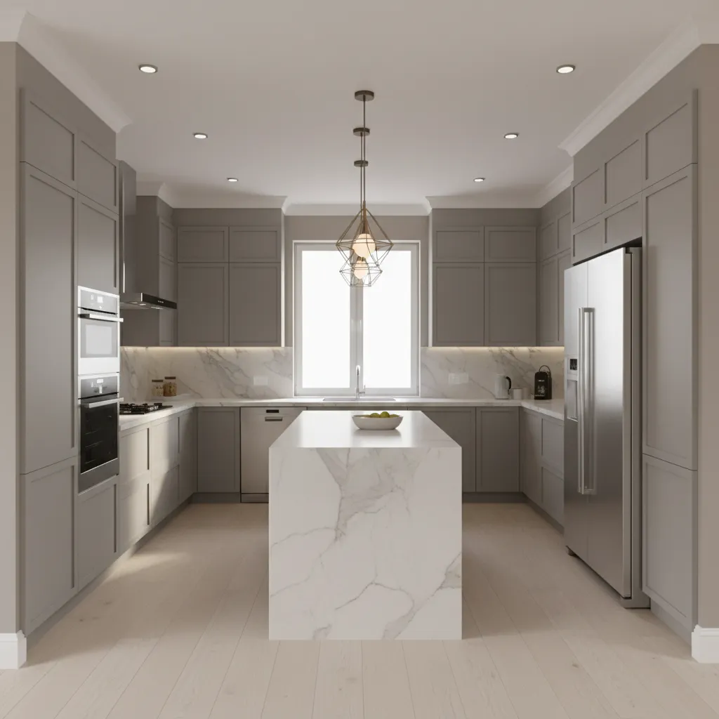 Kitchen layout showing gray cabinets arranged around stainless appliances