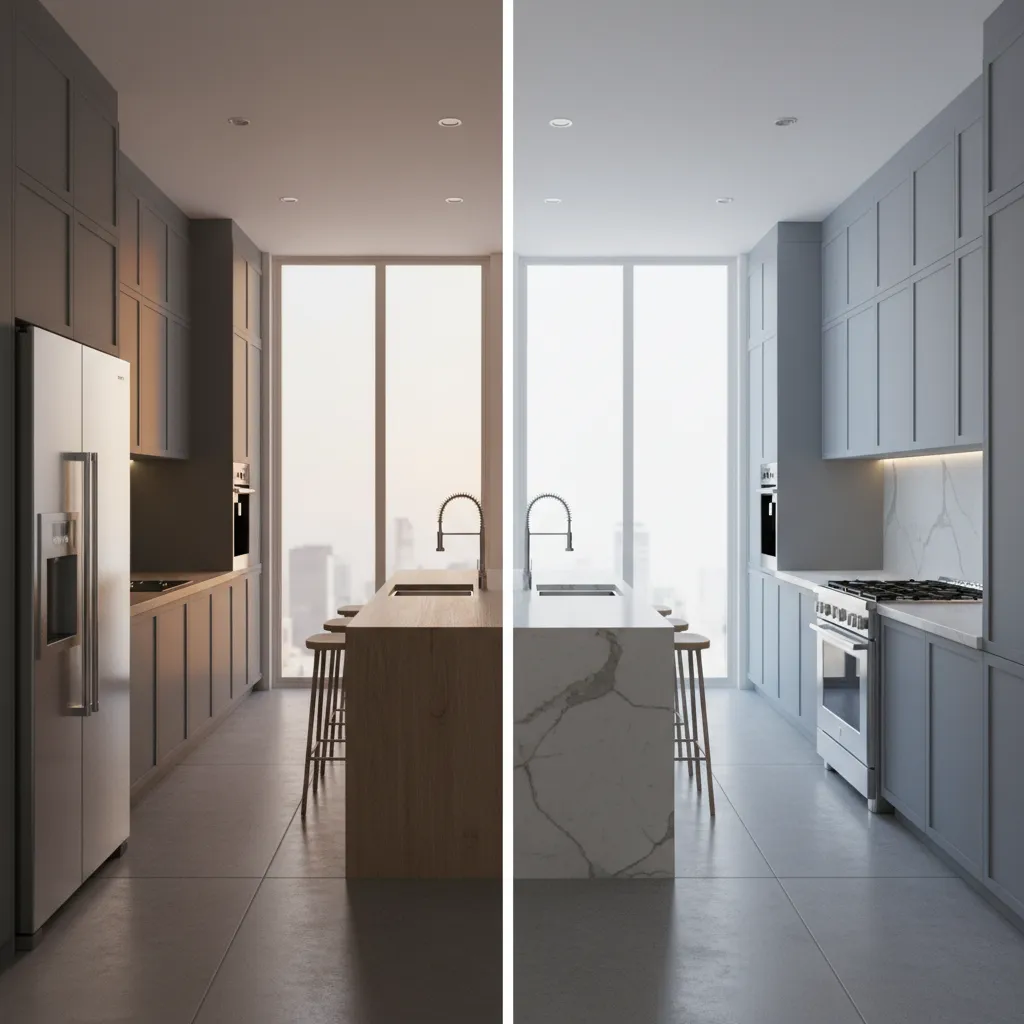 Comparison of warm and cool lighting on gray kitchen cabinets