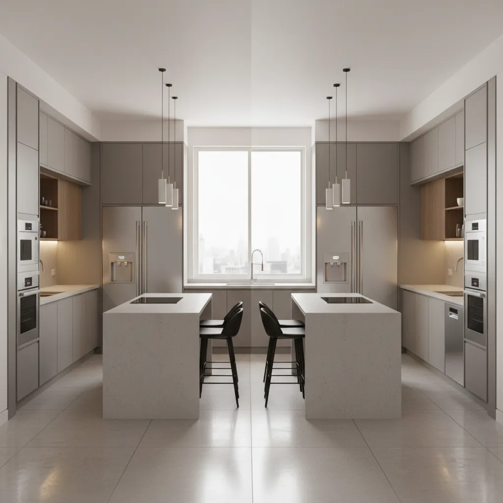 comparison of gray cabinets under different kitchen lighting