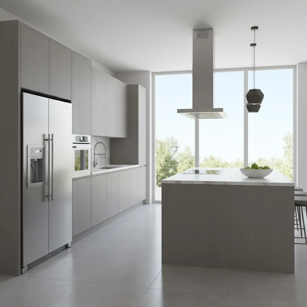 Gray kitchen cabinets with stainless appliances and soft natural lighting