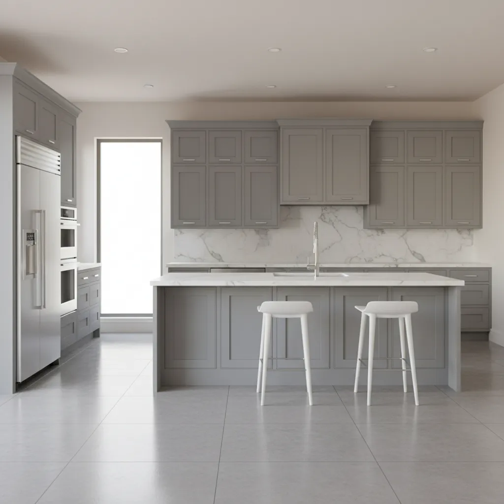 Contemporary gray kitchen cabinets with stainless steel appliances and minimalist hardware