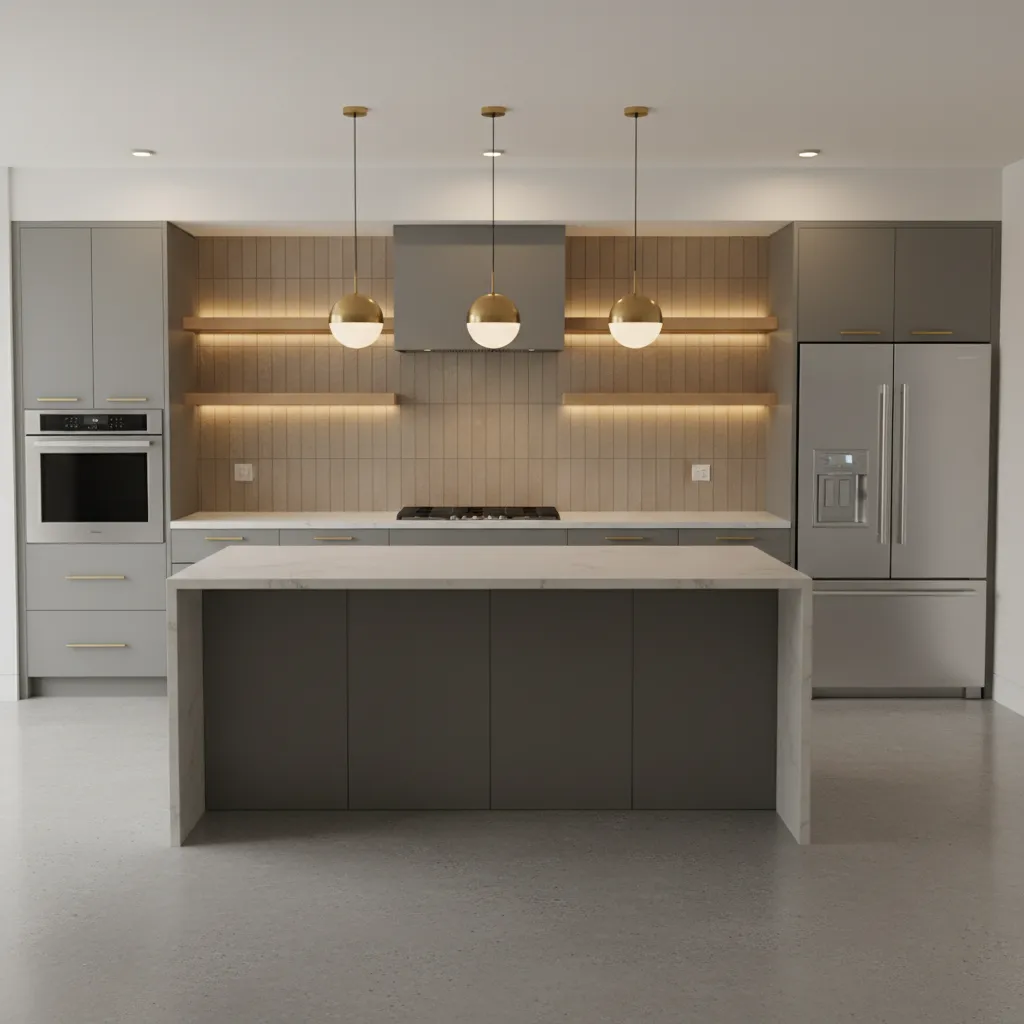 Gray kitchen cabinets warmed up with wood shelves and brass hardware