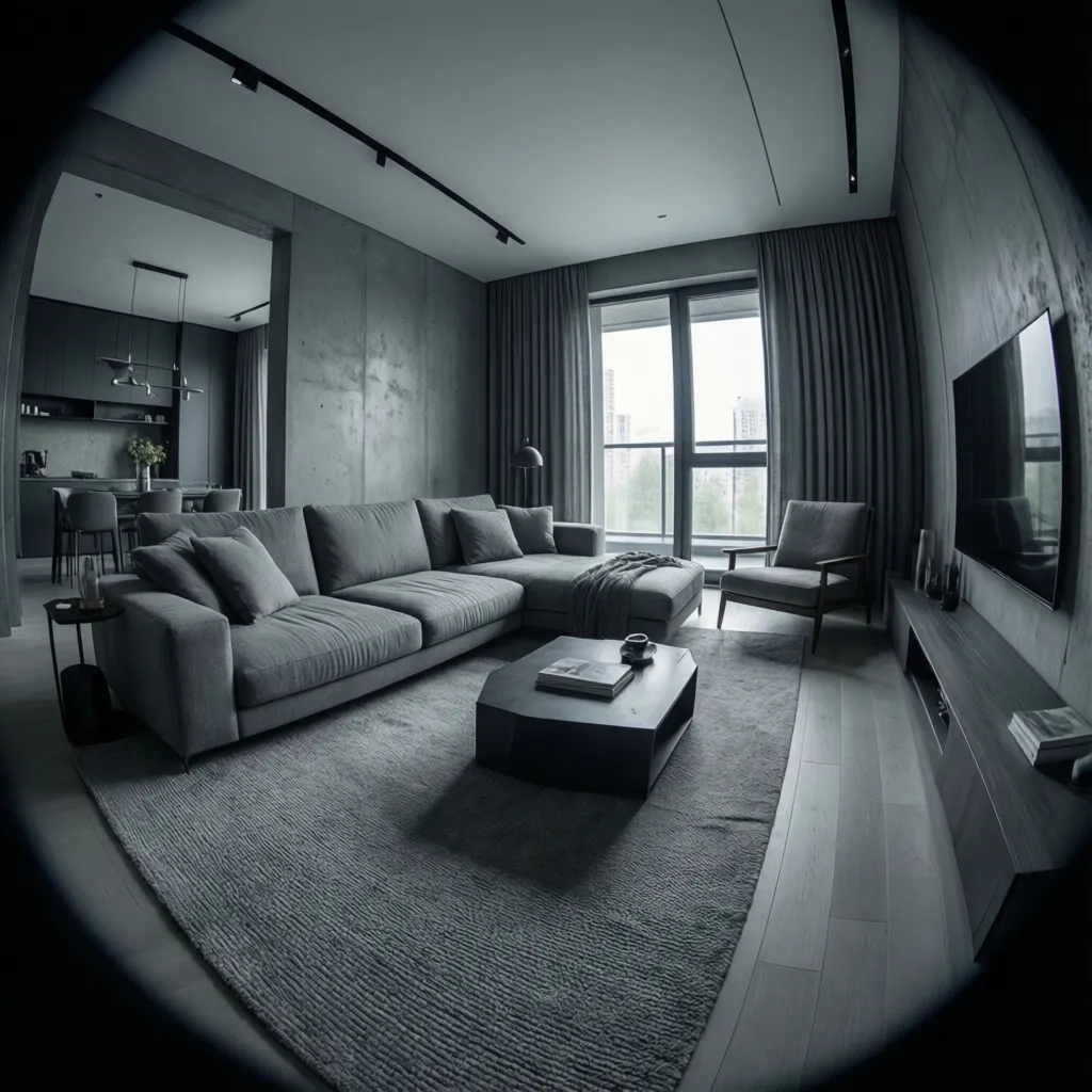 Modern gray living room with large sofa dark coffee table tv on wall and wood floors
