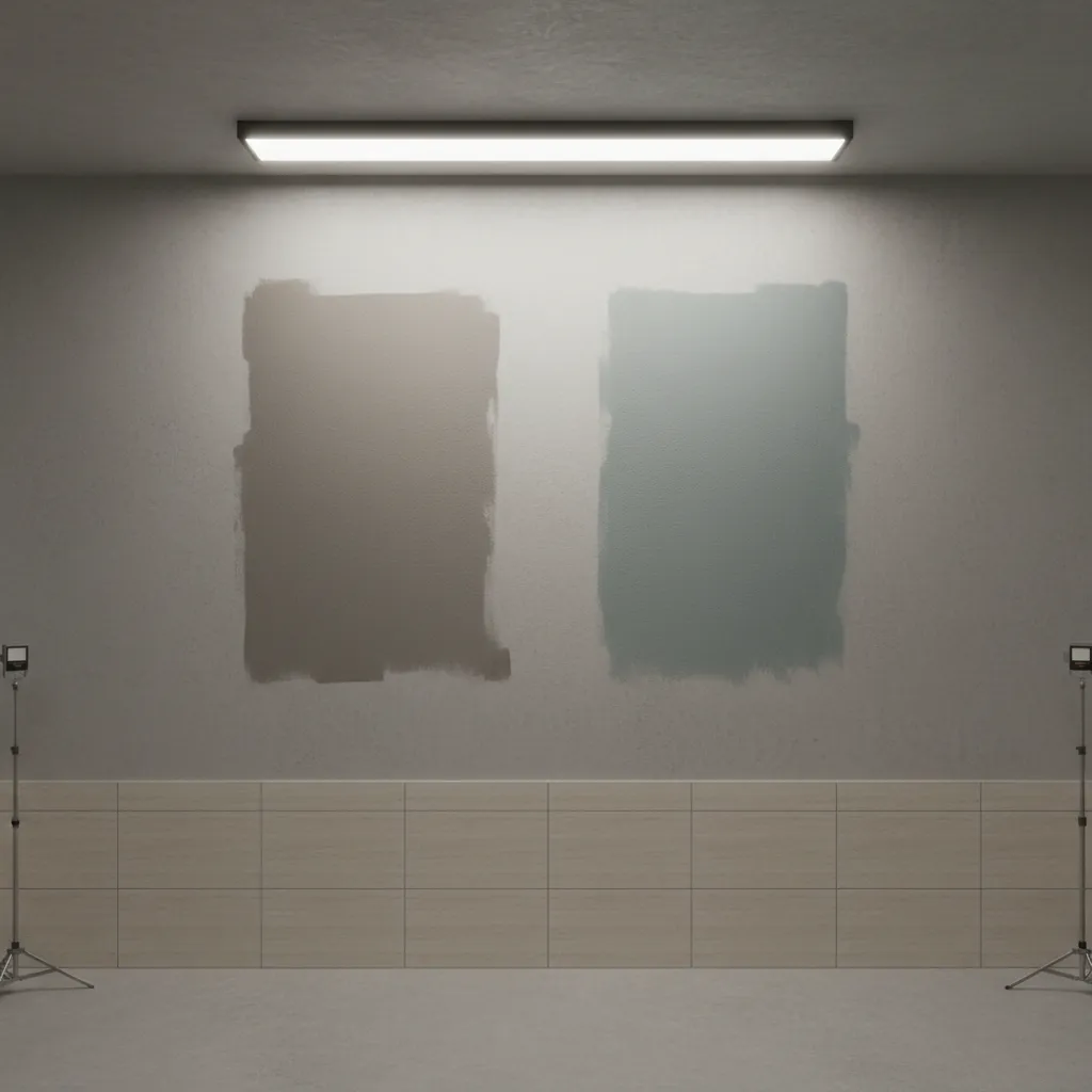 Comparison of warm gray and cool gray paint samples on bathroom walls