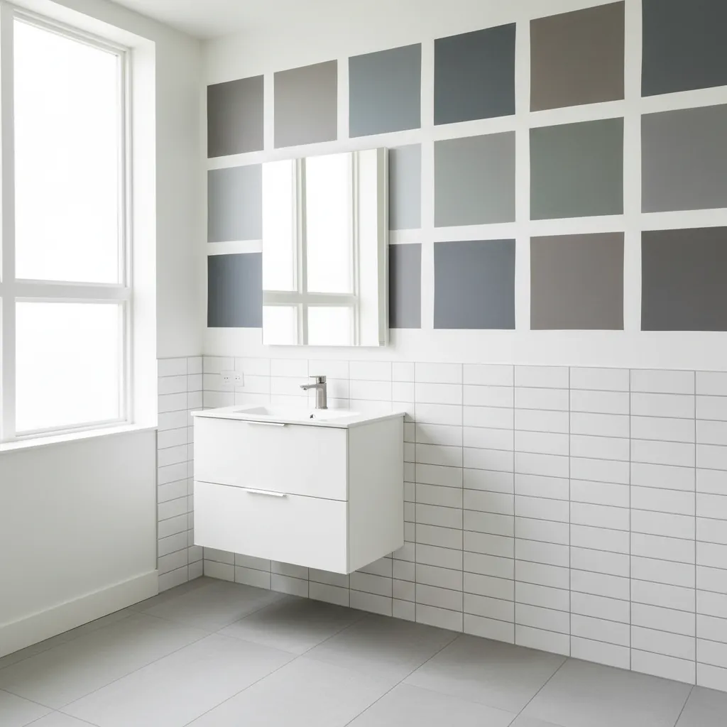 Paint swatches showing different gray undertones on bathroom wall