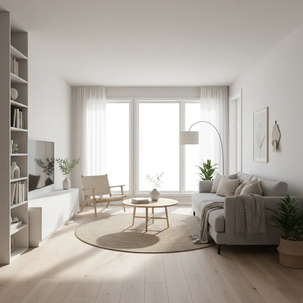 bright living room with gray couch and soft neutral decor