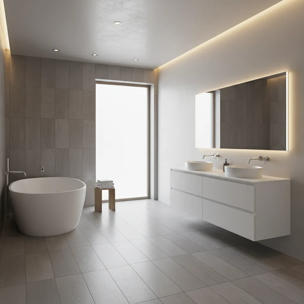 modern bathroom with gray floor tiles adding contrast to white fixtures
