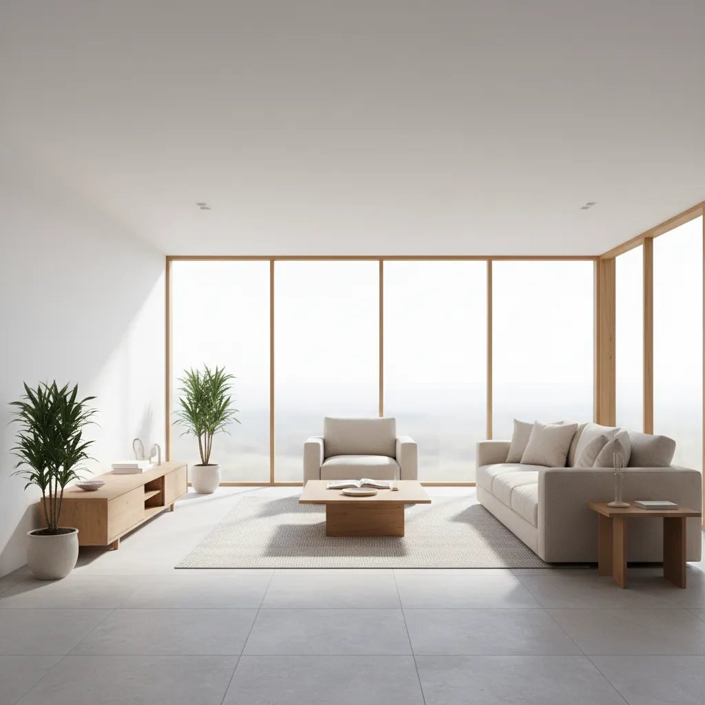 Modern living room with soft gray tile floor and wood furniture accents