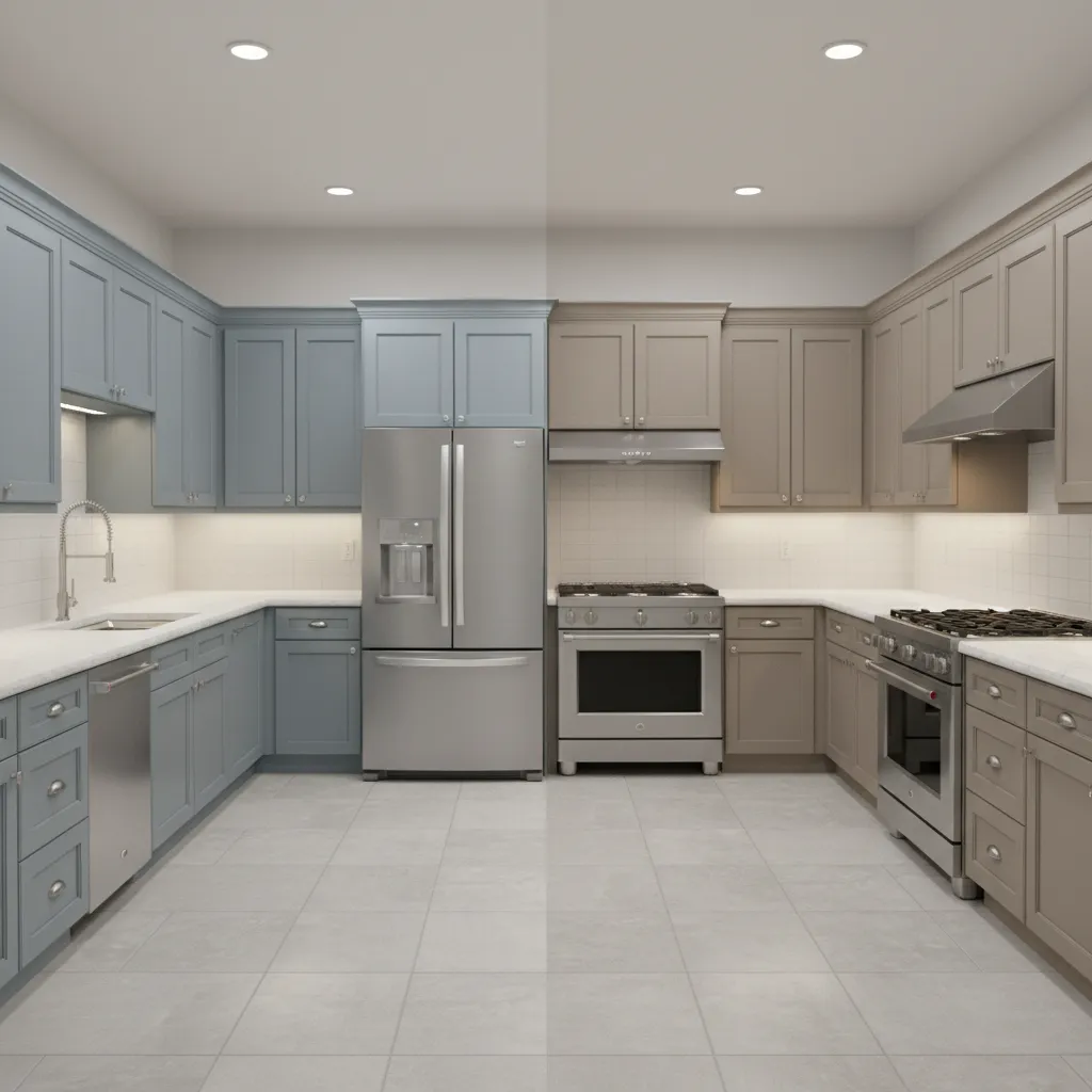 Comparison of warm gray and cool gray kitchen cabinets next to stainless appliances