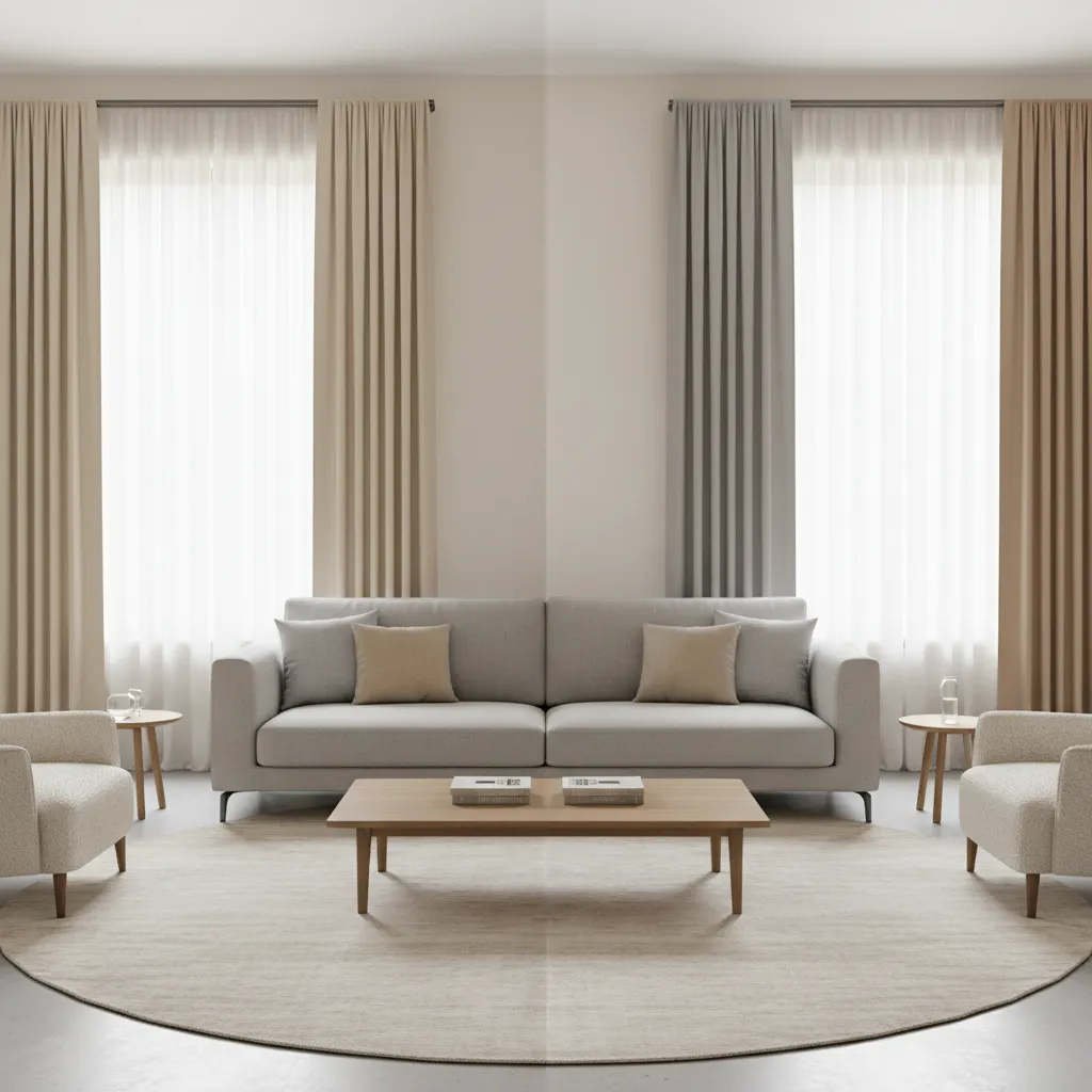 Side by side comparison of gray and beige curtains with cream walls