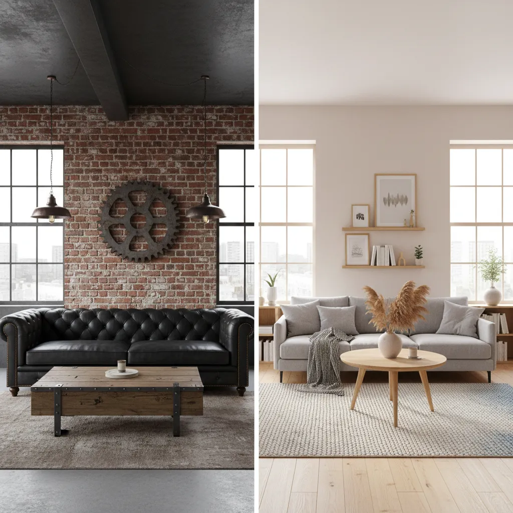 interior design comparison black sofa industrial style and gray sofa scandinavian style