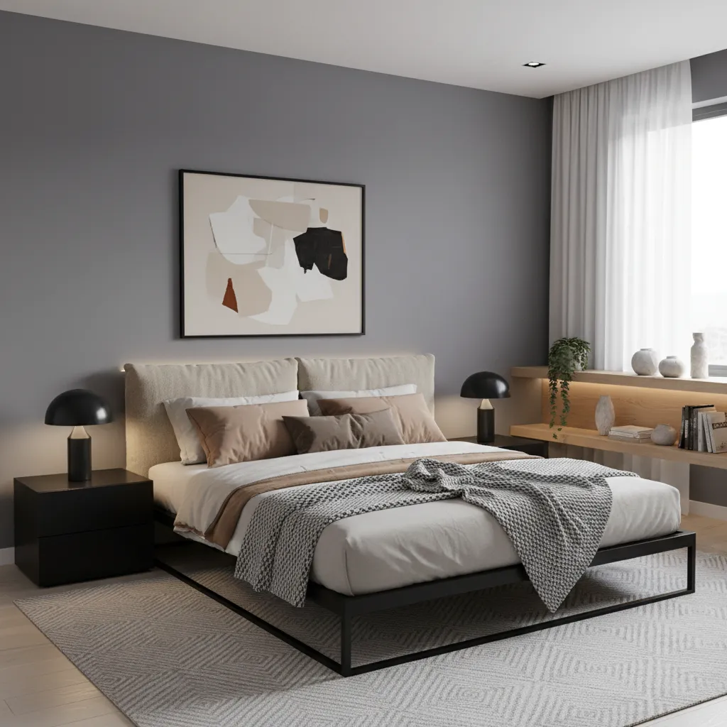 Modern bedroom with gray walls and black bedroom furniture