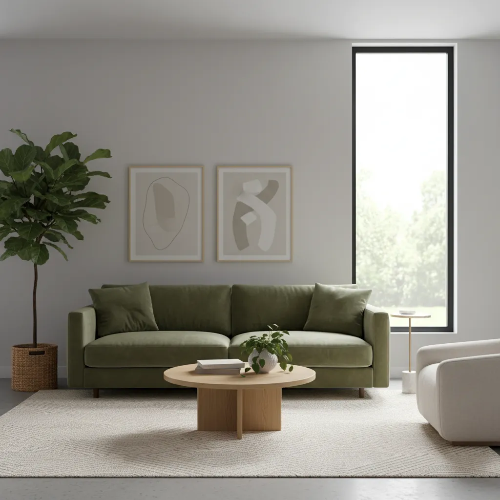 Living room with gray walls and olive green sofa showing balanced interior color palette