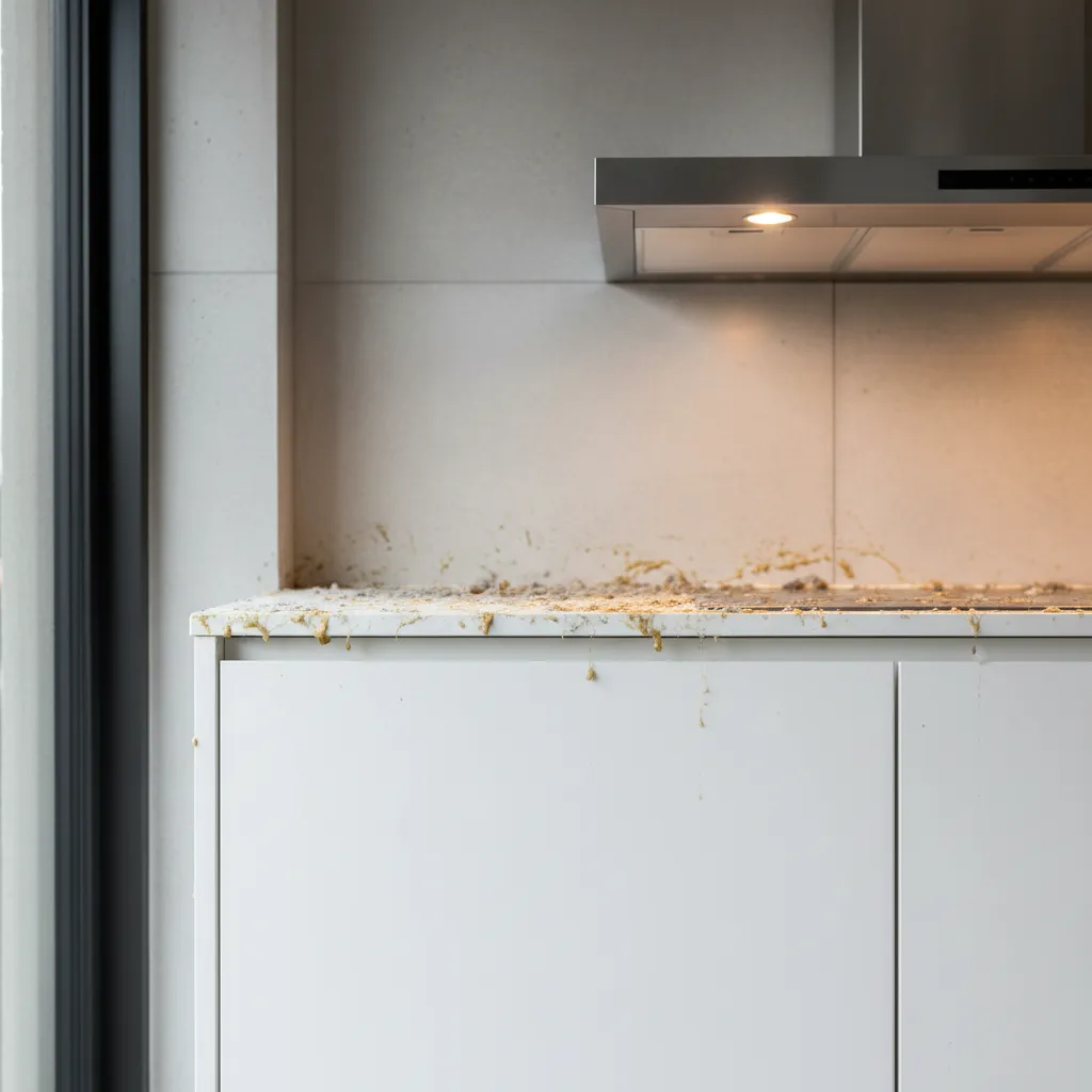 sticky grease residue mixed with dust on top of kitchen cabinets
