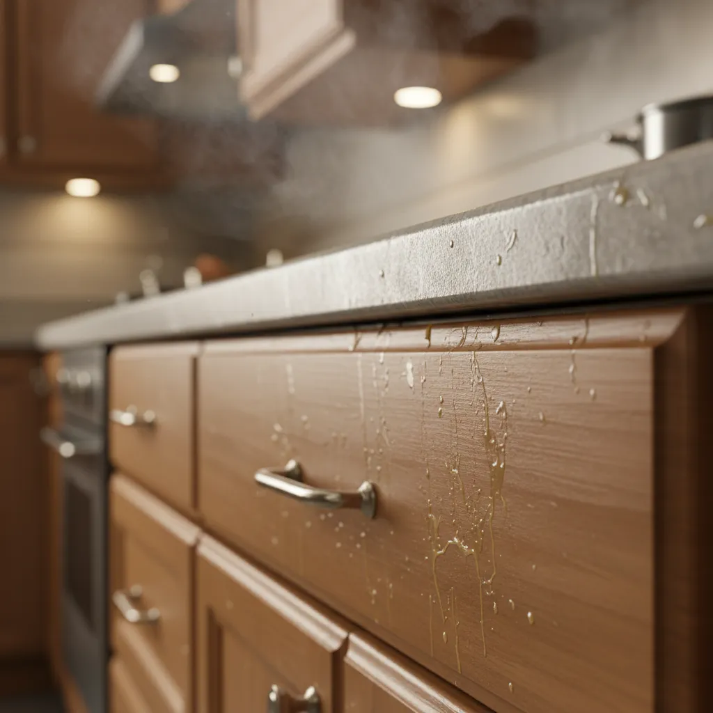 Sticky grease and smoke residue on kitchen cabinet surface