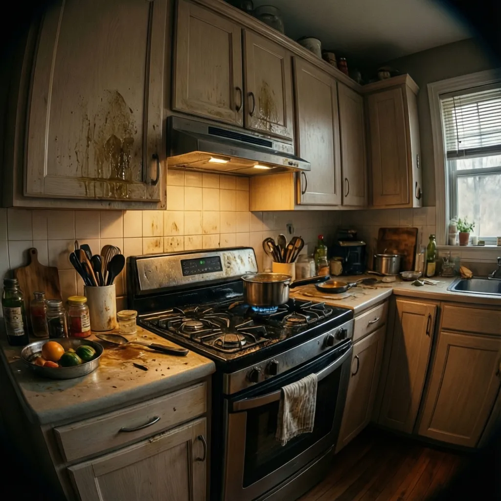 Upper kitchen cabinets showing typical grease buildup near stove area
